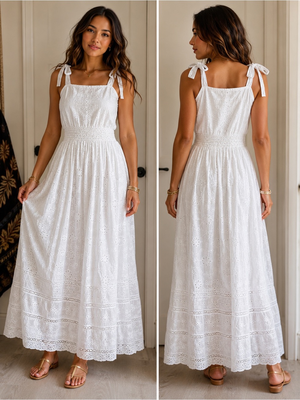 Ananta White Eyelet Tie-Shoulder Maxi Dress